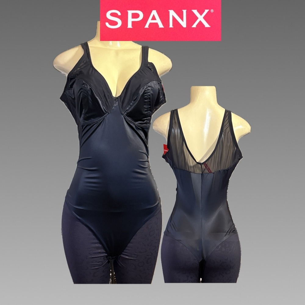 Spanx 3X Black Satin Thong Bodysuit Liquid Stretch V-Neck Mesh Panels Shapewear